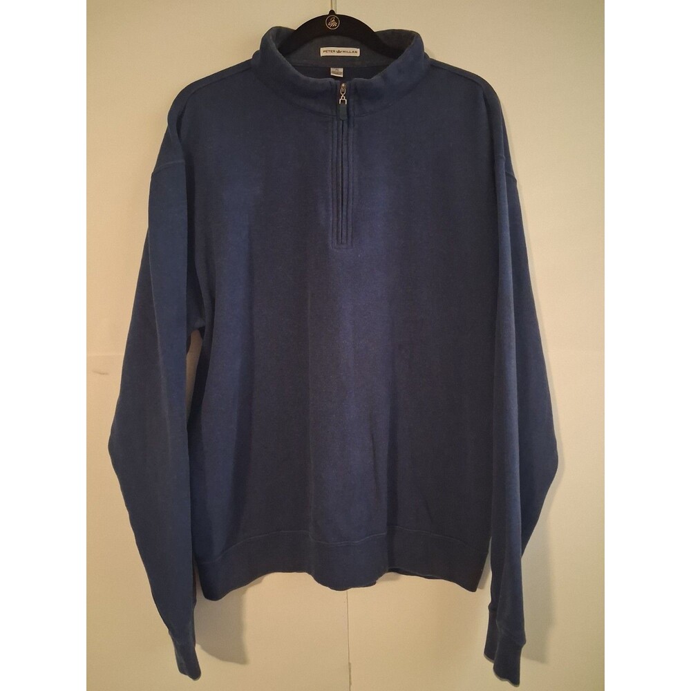 Peter Millar Quarter Zip Pullover Sweatshirt Blue Cotton Herringbone Collar XL